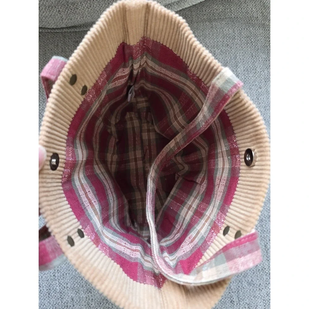 Longaberger Homestead Tan Corduroy‎ Red Plaid Handle Handbag Purse